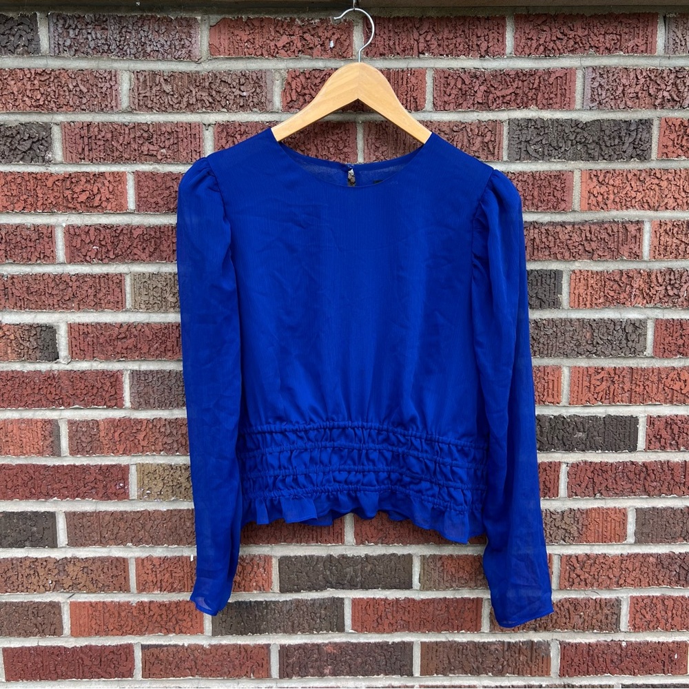 Express Royal Blue Smocked Hem Chiffon Crepe Long Sleeve Blouse